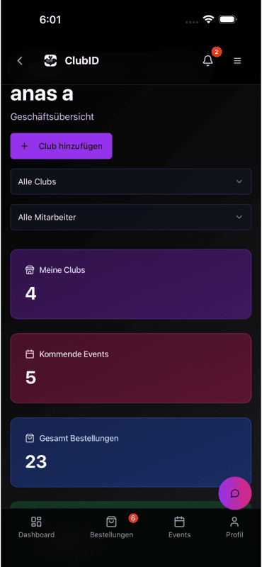 ClubID dashboard showing clubs, upcoming events, and total orders for a venue owner