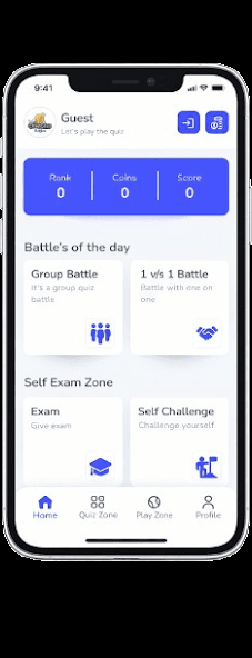 ClueCoin Quiz home screen with rank, coins, and battle and exam game modes