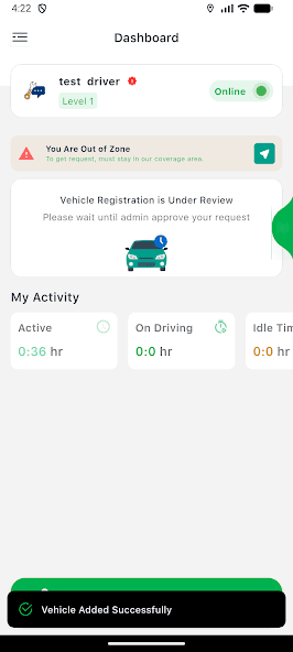 Galeyr Driver dashboard showing online status, vehicle review, and daily activity stats