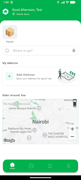 Galeyr customer home screen in Nairobi with ride search, parcel option, and a live map