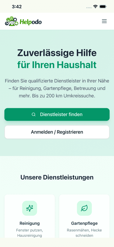 Helpodo home screen for finding household help, with cleaning and gardening services
