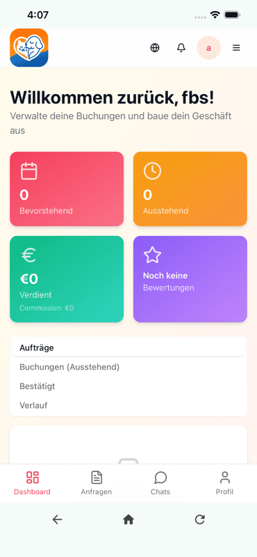 Petixo dashboard showing upcoming bookings, pending jobs, earnings, and reviews