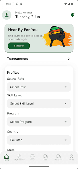 Pickle Ball Institute home screen with nearby courts, tournaments, and player profile filters
