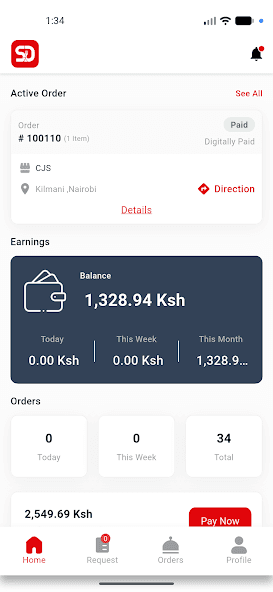 Captain SnapDash home screen showing an active delivery, wallet balance, and order stats