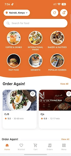 SnapDash customer home screen with food categories and nearby restaurants in Nairobi