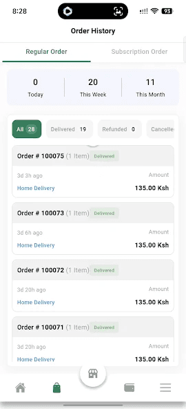 Partner SnapDash order history screen showing delivered restaurant orders and weekly stats